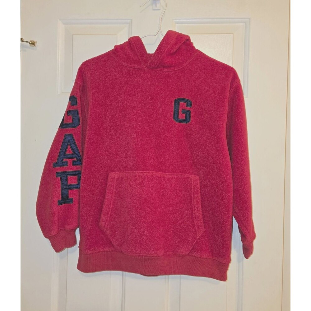 Vintage GAP Kids Red Fleece Hoodie Pullover Spell Out Logo Y2K Sweatshirt M 7-8